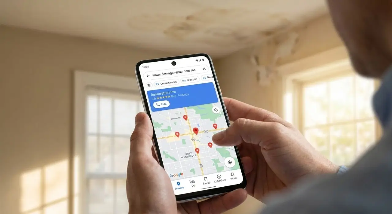 Google Business Profile Optimization for Restoration Companies 1 A Man Searching on Mobile Water Damage Restoration Near Me and Get Google Map Pack Result