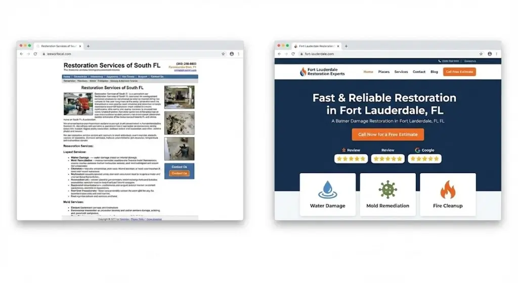 Website Redesign Before and After for a Restoration Company in Fort Lauderdale, Florida